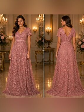 Dusty Rose Lace Maxi Dress with V-Neck and Short Sleeves